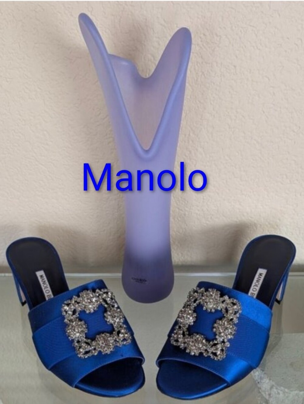 Manolo Blahnik NWT Marta Blue Satin Slide With Crystal-Embellished Buckle